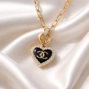 Gold Tone Chanel Heart Zipper Button Pull Necklace